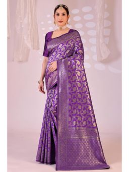 Nyri - New Trendy Silk Blend Banarasi Woven Designer Saree With Unstitched Blouse - Purple