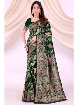 Nyri - New Trendy Silk Blend Banarasi Woven Designer Saree With Unstitched Blouse - Green