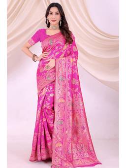 Nyri - New Trendy Silk Blend Banarasi Woven Designer Saree With Unstitched Blouse - Pink