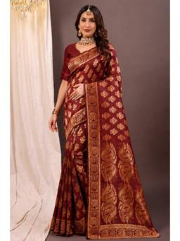 Nyri - New Trendy Silk Blend Banarasi Woven Designer Saree With Unstitched Blouse - Maroon