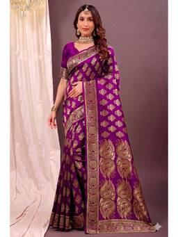 Nyri - New Trendy Silk Blend Banarasi Woven Designer Saree With Unstitched Blouse - Purple
