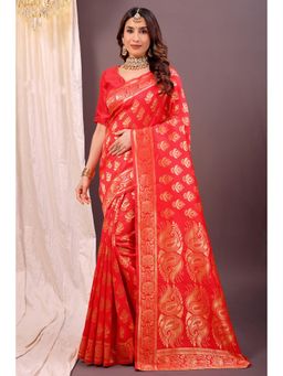 Nyri - New Trendy Silk Blend Banarasi Woven Designer Saree With Unstitched Blouse - Red