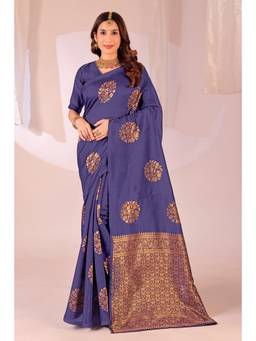 Nyri - New Trendy Silk Blend Banarasi Woven Designer Saree With Unstitched Blouse - Navy Blue