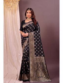 Nyri - New Trendy Silk Blend Banarasi Woven Designer Saree With Unstitched Blouse - Black