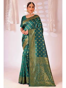 Nyri - New Trendy Silk Blend Banarasi Woven Designer Saree With Unstitched Blouse - Green
