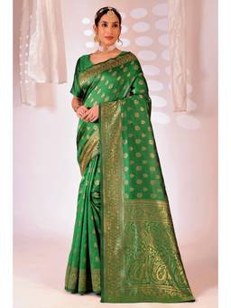 Nyri - New Trendy Silk Blend Banarasi Woven Designer Saree With Unstitched Blouse - Green