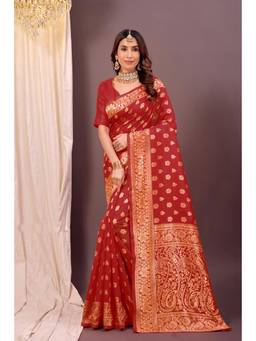 Nyri - New Trendy Silk Blend Banarasi Woven Designer Saree With Unstitched Blouse - Maroon