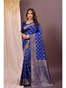 Nyri - New Trendy Silk Blend Banarasi Woven Designer Saree With Unstitched Blouse - Navy Blue
