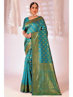 Nyri - New Trendy Silk Blend Banarasi Woven Designer Saree With Unstitched Blouse - Teal