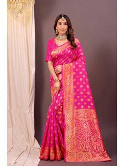 Nyri - New Trendy Silk Blend Banarasi Woven Designer Saree With Unstitched Blouse - Pink