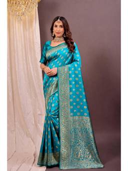 Nyri - New Trendy Silk Blend Banarasi Woven Designer Saree With Unstitched Blouse - Blue