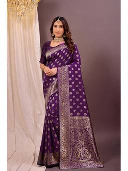 Nyri - New Trendy Silk Blend Banarasi Woven Designer Saree With Unstitched Blouse - Purple