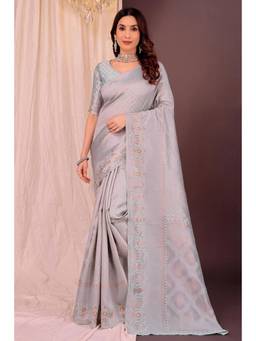 Nyri - New Trendy Silk Blend Banarasi Woven Designer Saree With Unstitched Blouse - Grey