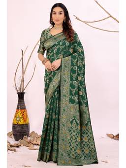 Nyri - New Trendy Silk Blend Banarasi Woven Designer Saree With Unstitched Blouse - Green