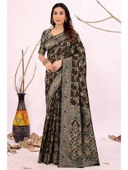 Nyri - New Trendy Silk Blend Banarasi Woven Designer Saree With Unstitched Blouse - Brown