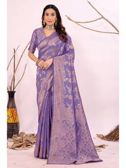 Nyri - New Trendy Silk Blend Banarasi Woven Designer Saree With Unstitched Blouse - Lavender