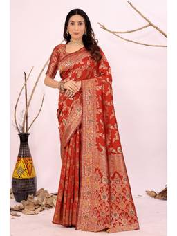Nyri - New Trendy Silk Blend Banarasi Woven Designer Saree With Unstitched Blouse - Maroon