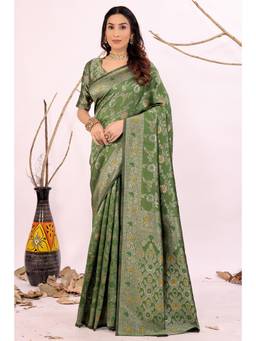 Nyri - New Trendy Silk Blend Banarasi Woven Designer Saree With Unstitched Blouse - Green