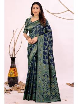 Nyri - New Trendy Silk Blend Banarasi Woven Designer Saree With Unstitched Blouse - Navy Blue