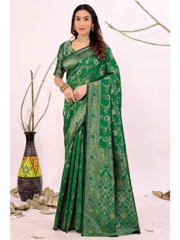 Nyri - New Trendy Silk Blend Banarasi Woven Designer Saree With Unstitched Blouse - Green