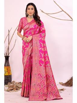 Nyri - New Trendy Silk Blend Banarasi Woven Designer Saree With Unstitched Blouse - Pink