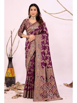 Nyri - New Trendy Silk Blend Banarasi Woven Designer Saree With Unstitched Blouse - Wine