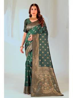 Nyri - New Trendy Silk Blend Banarasi Woven Designer Saree With Unstitched Blouse - Green