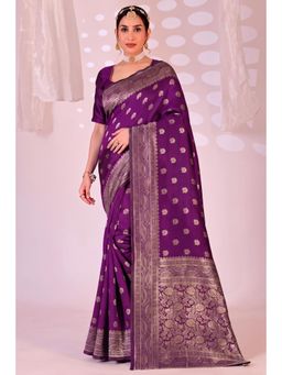 Nyri - New Trendy Silk Blend Banarasi Woven Designer Saree With Unstitched Blouse - Purple