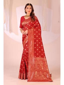 Nyri - New Trendy Silk Blend Banarasi Woven Designer Saree With Unstitched Blouse - Red