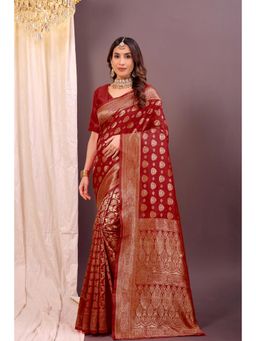 Nyri - New Trendy Silk Blend Banarasi Woven Designer Saree With Unstitched Blouse - Maroon