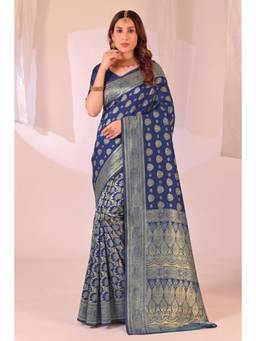 Nyri - New Trendy Silk Blend Banarasi Woven Designer Saree With Unstitched Blouse - Navy Blue