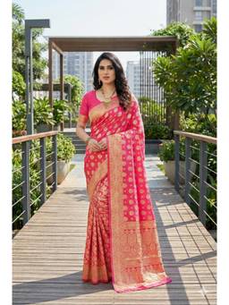 Nyri - New Trendy Silk Blend Banarasi Woven Designer Saree With Unstitched Blouse - Pink