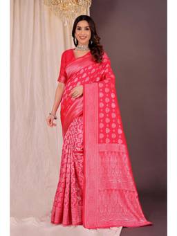 Nyri - New Trendy Silk Blend Banarasi Woven Designer Saree With Unstitched Blouse - Magenta