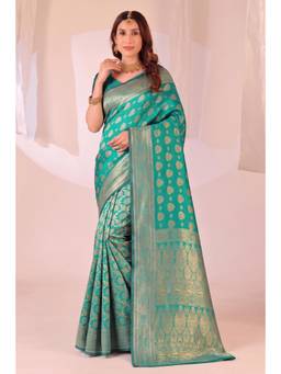 Nyri - New Trendy Silk Blend Banarasi Woven Designer Saree With Unstitched Blouse - Turquoise