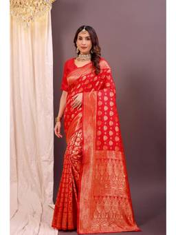 Nyri - New Trendy Silk Blend Banarasi Woven Designer Saree With Unstitched Blouse - Red