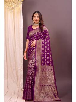 Nyri - New Trendy Silk Blend Banarasi Woven Designer Saree With Unstitched Blouse - Wine