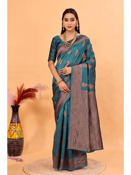 Nyri - New Trendy Silk Blend Banarasi Woven Designer Saree With Unstitched Blouse - Turquoise