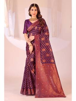 Nyri - New Trendy Silk Blend Banarasi Woven Designer Saree With Unstitched Blouse - Purple