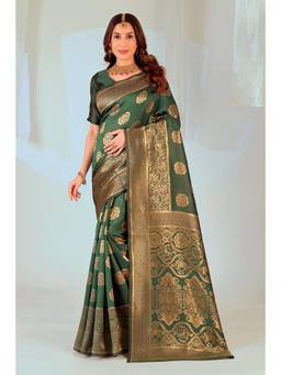 Nyri - New Trendy Silk Blend Banarasi Woven Designer Saree With Unstitched Blouse - Green