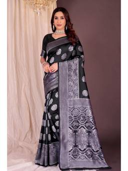 Nyri - New Trendy Silk Blend Banarasi Woven Designer Saree With Unstitched Blouse - Black