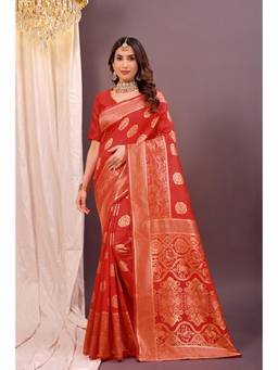 Nyri - New Trendy Silk Blend Banarasi Woven Designer Saree With Unstitched Blouse - Maroon