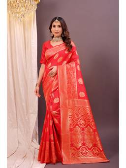 Nyri - New Trendy Silk Blend Banarasi Woven Designer Saree With Unstitched Blouse - Red