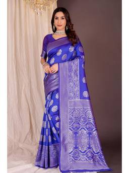 Nyri - New Trendy Silk Blend Banarasi Woven Designer Saree With Unstitched Blouse - Blue