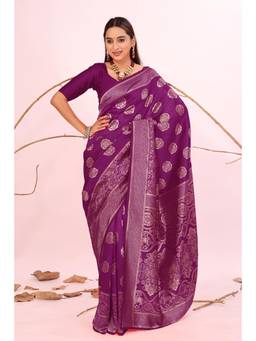 Nyri - New Trendy Silk Blend Banarasi Woven Designer Saree With Unstitched Blouse - Wine