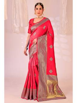 Nyri - New Trendy Silk Blend Banarasi Woven Designer Saree With Unstitched Blouse - Pink