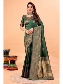 Nyri - New Trendy Silk Blend Banarasi Woven Designer Saree With Unstitched Blouse - Green