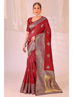 Nyri - New Trendy Silk Blend Banarasi Woven Designer Saree With Unstitched Blouse - Maroon