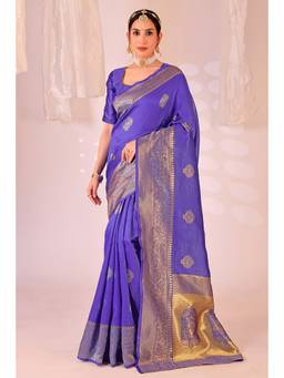 Nyri - New Trendy Silk Blend Banarasi Woven Designer Saree With Unstitched Blouse - Purple
