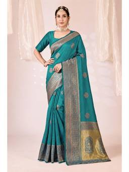 Nyri - New Trendy Silk Blend Banarasi Woven Designer Saree With Unstitched Blouse - Teal
