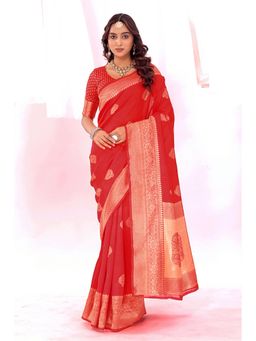 Nyri - New Trendy Silk Blend Banarasi Woven Designer Saree With Unstitched Blouse - Red